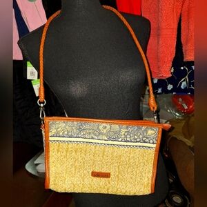 Sakroots Blue and Tan Woven Straw Crossbody Bag With Braided Leather Strap